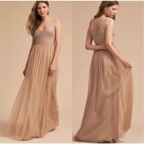 NWT Adrianna Papell BHLDN Bryce Pearl Beaded Long Gown in Champagne - Picture 1 of 9